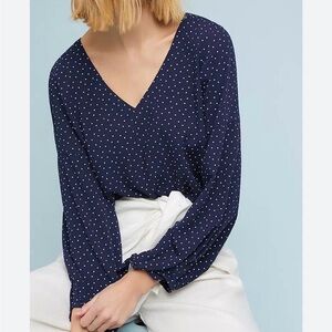 Anthropologie Maeve Navy Polka Dot V-Neck Women's Top with ties at cuff